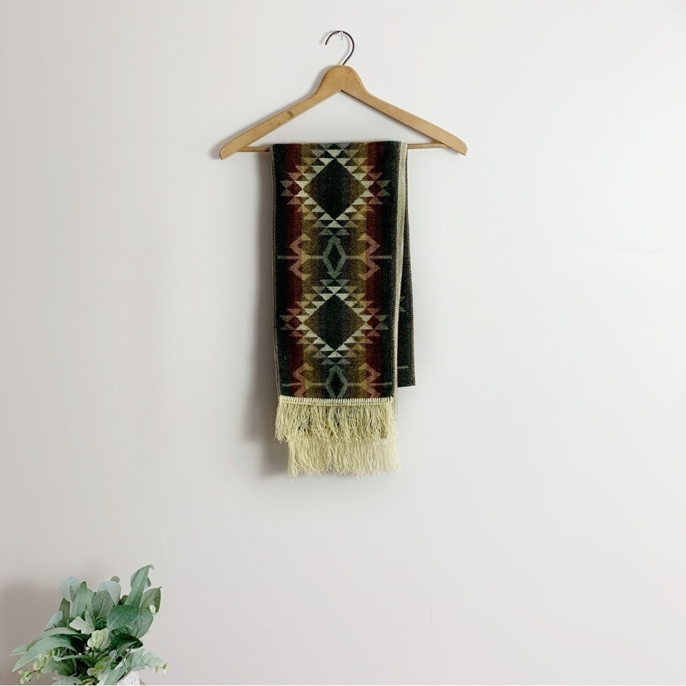 Green, Dark Red & Cream Aztec Western Print Fringe Scarf